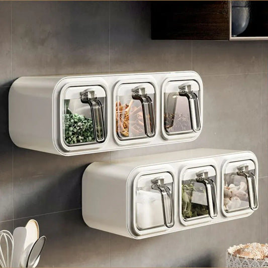 Kitchen Wall Mount Spice Rack Organizer Set - Spice Boxes, Sugar Bowl, Salt Shaker, and Seasoning Container for Efficient Storage