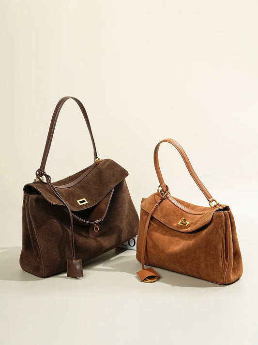 Autumn Winter Suede Leather Tote – Frosted Cowhide High-Capacity Shoulder Kelly Bag