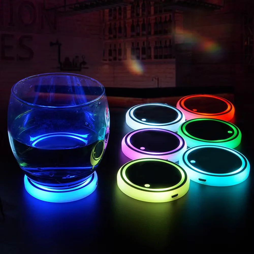 7-Color Changing Car Cup Holder Lights - USB Rechargeable LED Ambient Glowing Coaster Pads with Anti-Slip Design