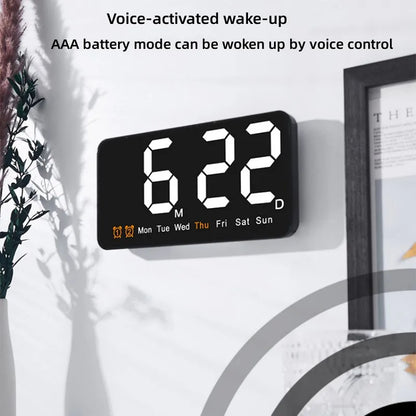 Voice Control Large Digital Wall Clock – LED Display with Temperature, Date, Week, DST, Snooze, Dual Alarm, 12/24H, Wall-Mounted or Table Use