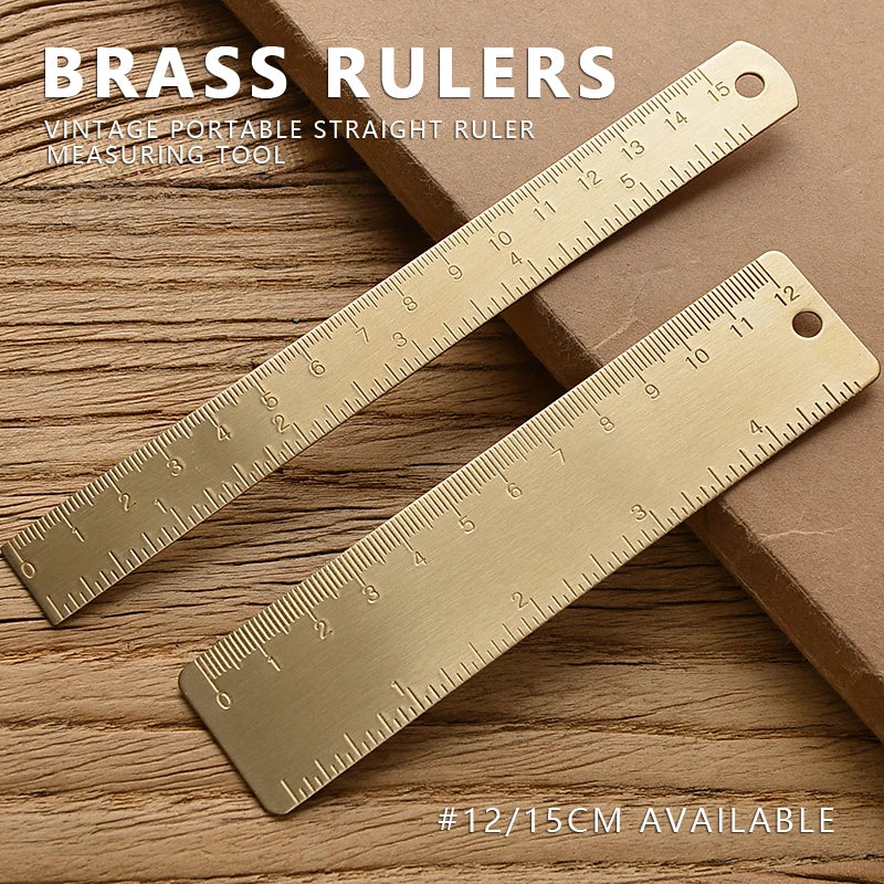 Retro Brass Metal Ruler Set - Centimeter and Inch Straight Rulers, Triangle Ruler, and Protractor for School and Office Use