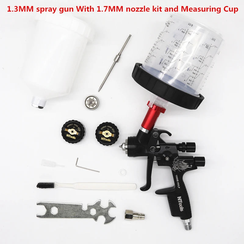 HVLP Spray Gun with Adapter & Mix Tank — 1.3mm & 1.7mm Nozzles for Car Painting, Water-Based Air Spray Gun
