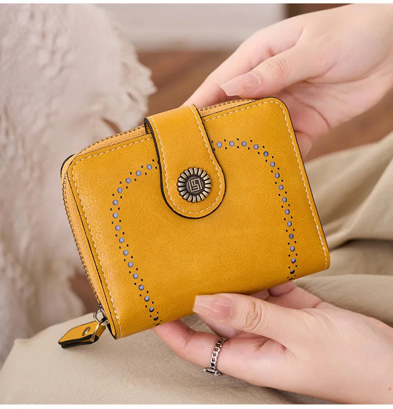 Retro Hollow-Out Short Purse for Women – Multi-Card Zipper Wallet, European & American Fashion Design