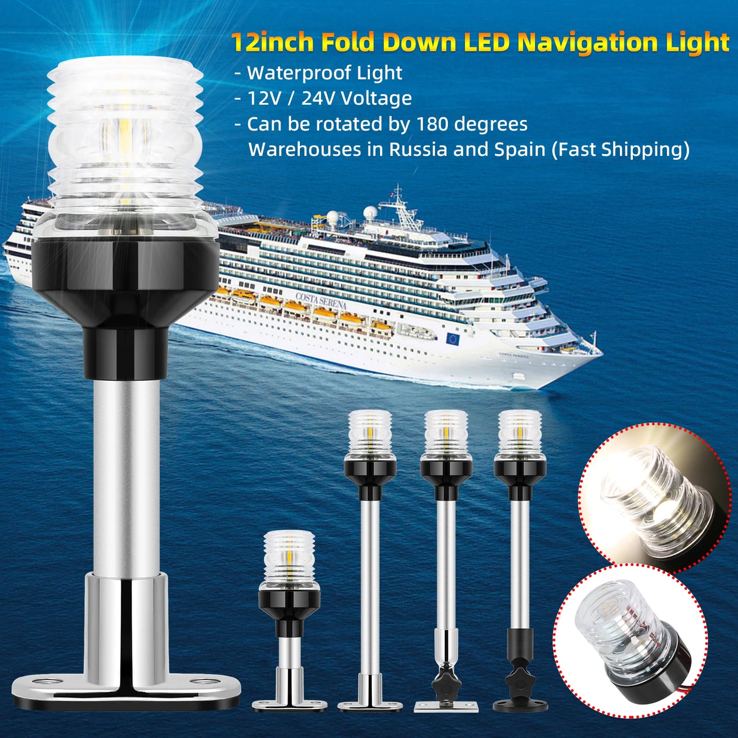 12V/24V LED Boat Navigation Light – 360° Fold Down Marine Signal Anchor Light for Yacht & Sailing