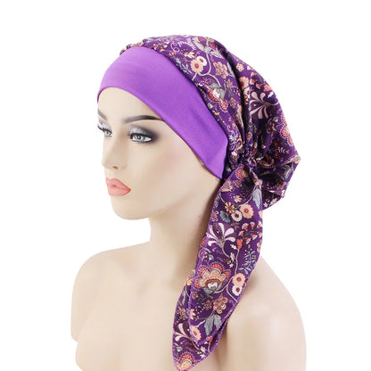 Women’s Pre-Tied Turban Cap – Muslim Hijab & Chemo Hair Loss Head Scarf with Flower Print Stretch Bandana