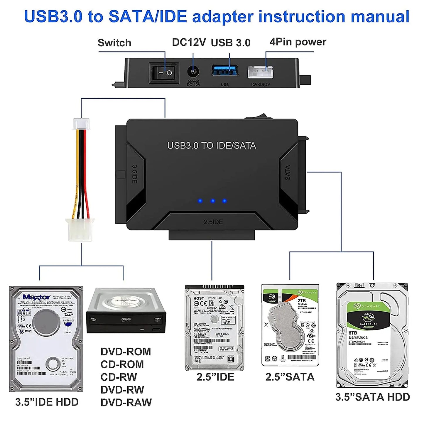 USB 3.0 to SATA IDE Adapter Cable – 3-in-1 Converter for 3.5/2.5 inch HDD/SSD, CD/DVD ROM, CD-RW