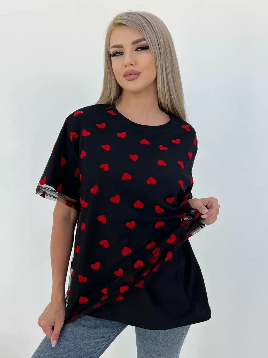 Hirsionsan Heart Mesh Patchwork Vintage T-Shirt – Y2K Aesthetic Streetwear Women’s Casual Cotton Short Sleeve Top