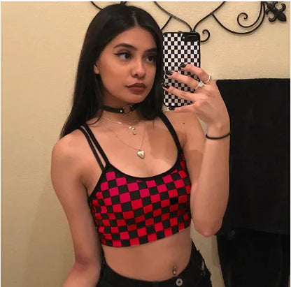 Women's Black Red Plaid Checkerboard Halter Crop Top – Sleeveless Bare Midriff Cami Tank