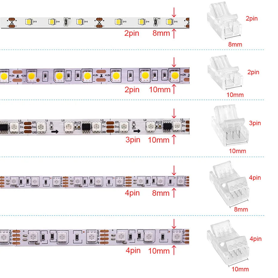 5PCS LED Strip Connectors - 8mm 10mm Solderless Strip to Wire Clips Adapter for 2Pin 3Pin 4Pin SMD 5050 2811 Lights