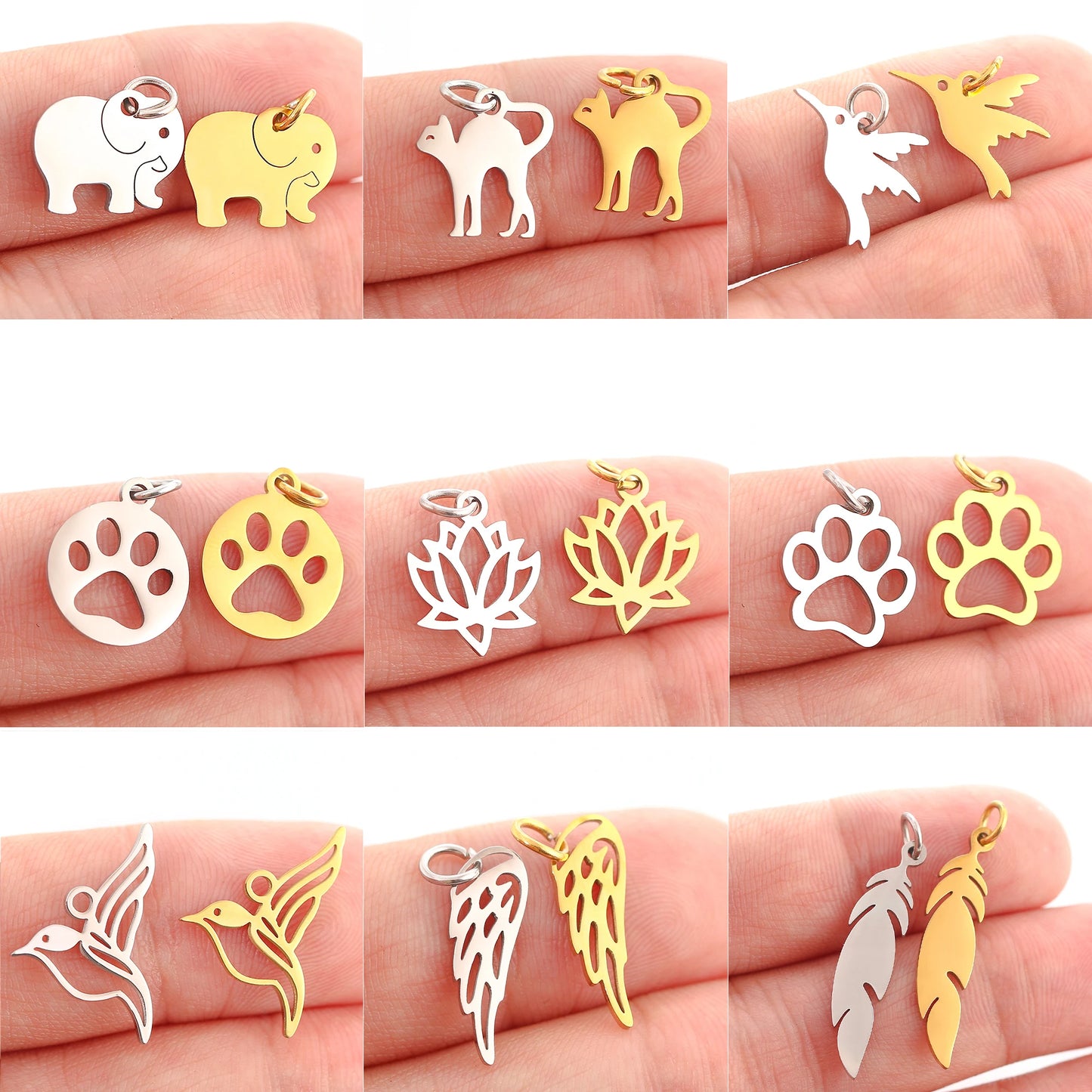 5PCS Animal Claw Charms Set – Stainless Steel Cat, Elephant, Hummingbird & Yoga DIY Pendants for Necklaces & Earrings