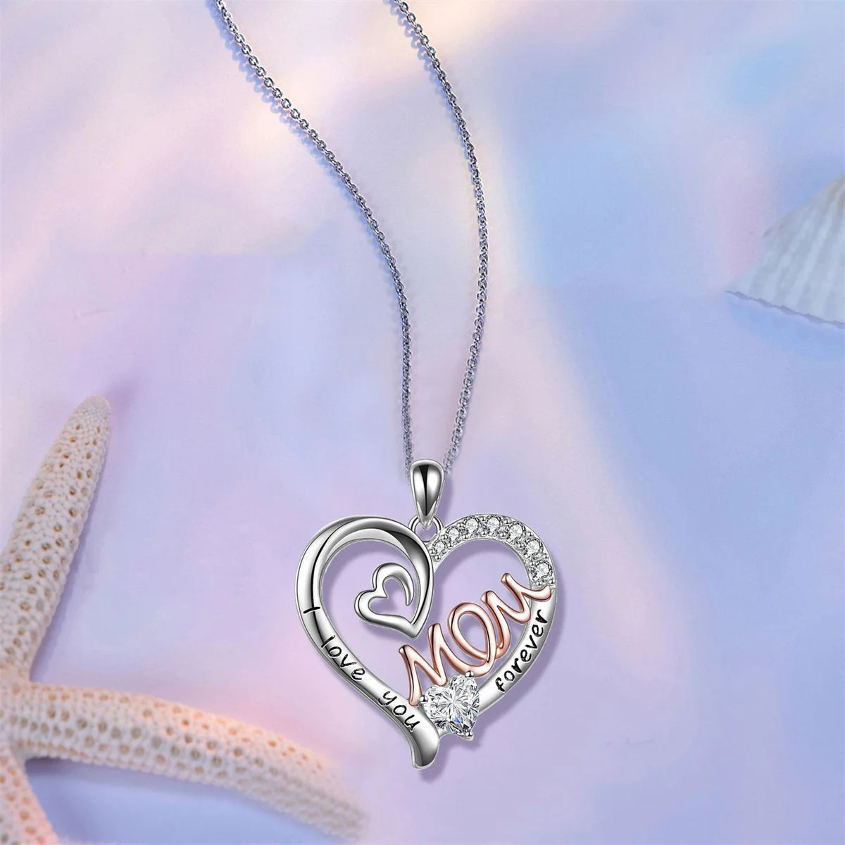 Love Heart Mom Pendant Necklace - Elegant White K-Plated Jewelry Gift for Mother’s Day & Special Moments