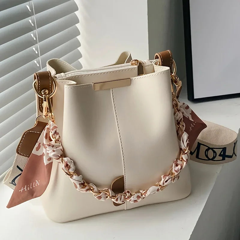 Luxury Women's Shoulder Bag - Large Capacity Ribbon Chain Crossbody Bucket Bag