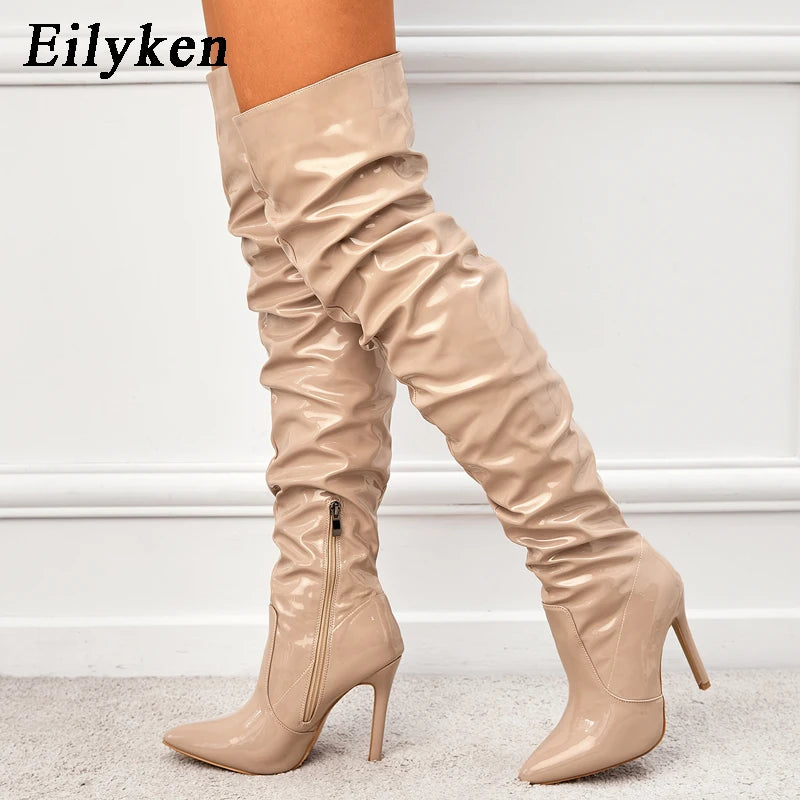 Eilyken Red Over-the-Knee Stiletto Boots for Women – Patent Leather Pointed Toe High Heel Zip-Up Shoes