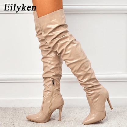 Eilyken Red Over-the-Knee Stiletto Boots for Women – Patent Leather Pointed Toe High Heel Zip-Up Shoes