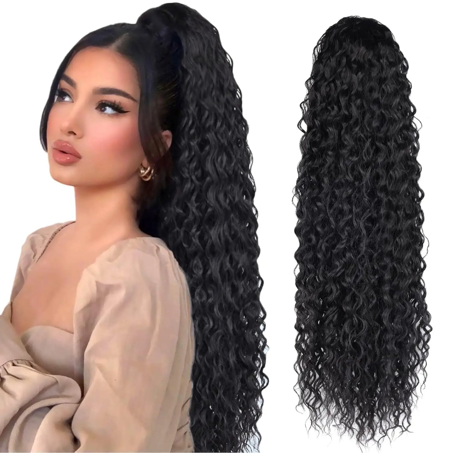 24" Long Curly Wave Drawstring Ponytail Extension – Heat Resistant Synthetic Clip-In Hairpiece for Women & Girls