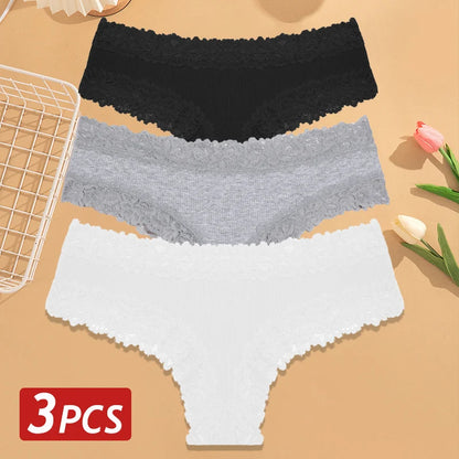 3PCS Women’s Cotton Lace Panties Set - Low Waist Brazilian Bikini Underwear Soft Floral Lingerie T-Back Style