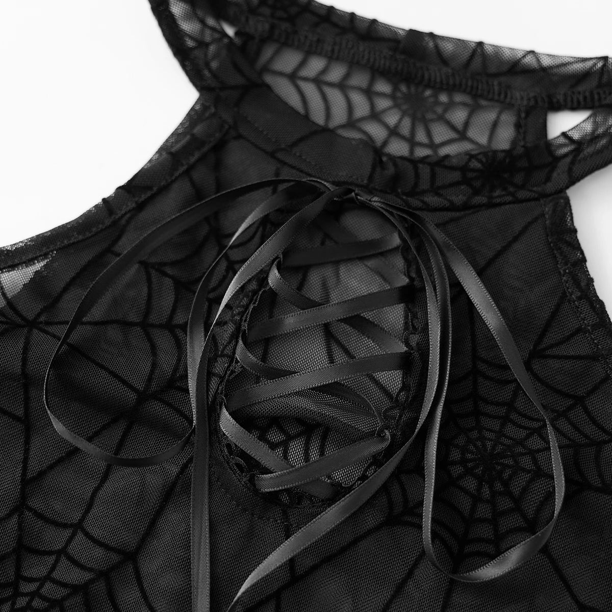 Halloween Women's Bodysuit — Long Sleeve Cold Shoulder Spider Web Romper, Sheer Clubwear Top