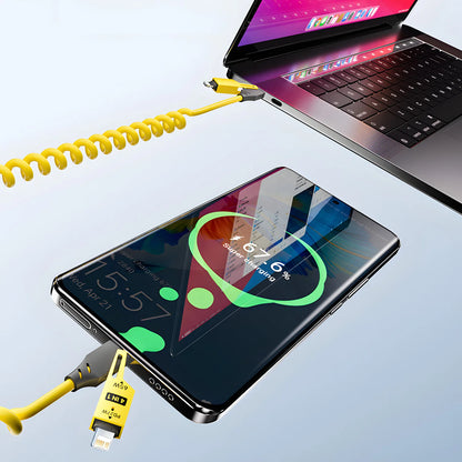 4-in-1 65W Spring Data Cable - 6A USB Type C Telescopic Quick Charger Wire for iPhone 15/14/13/12