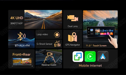 K2 Pro 11.3" 4K Dash Cam — Car DVR with Wireless CarPlay, Android Auto, 5G WiFi & GPS Navigation