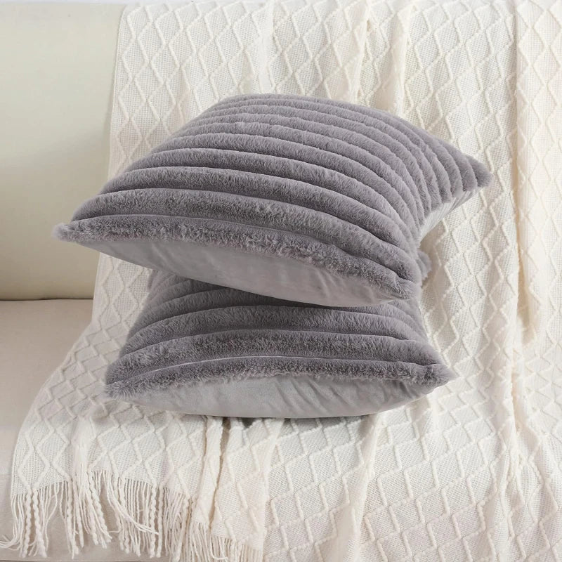 Faux Rabbit Fur Square Cushion Cover – Thick Striped Super Soft Solid Color Pillow, 45x45cm Sofa Decor