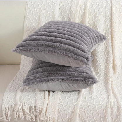 Faux Rabbit Fur Square Cushion Cover – Thick Striped Super Soft Solid Color Pillow, 45x45cm Sofa Decor