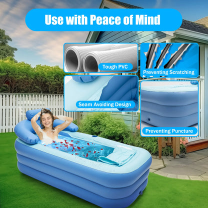 Foldable Inflatable Bathtub for Adults: Travel Blue/Pink Spa Tub, 1.6m - Large Portable PVC Tub for Home & Swimming Pool Use