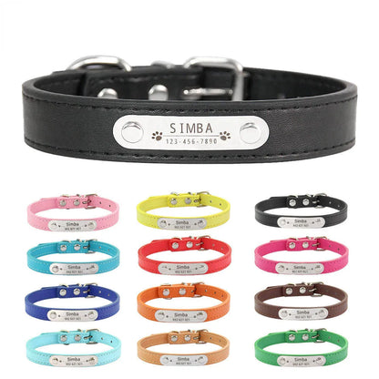Personalized Dog Collar with Name ID – Carved Anti-Lost Solid PU Leather – Pink for Small, Medium, Large Dogs & Cats
