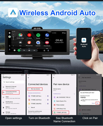 11.26-Inch 4K Dash Cam – Wireless CarPlay & Android Auto, Dual Lens DVR, Bluetooth Audio, GPS Navigation Video Recorder