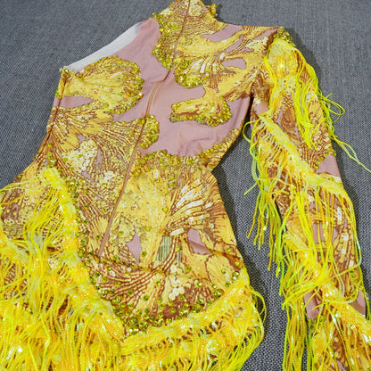 Sparkly Rhinestone Sequin One-Shoulder Bodysuit - Fringe Stage Party & Dance Performance Outfit