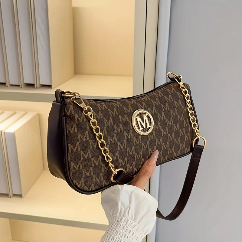 Vintage Letter Print Teenager Underarm Bag – Small Square Crossbody Handbag with Chain & Adjustable Strap