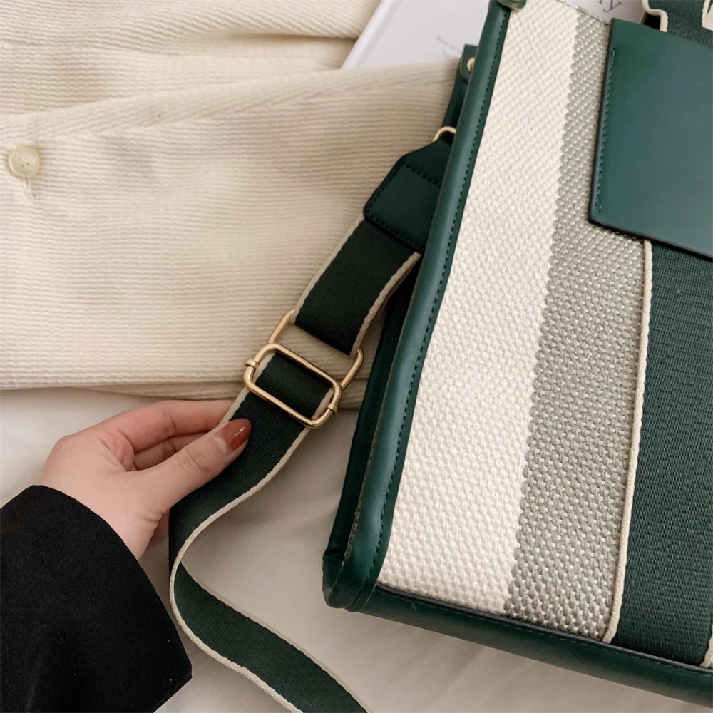 MOODS Quality Canvas Tote Bag for Women 2023 – Luxury Designer Handbag, Contrast Color Striped, Big Shoulder Crossbody Shopper Totes