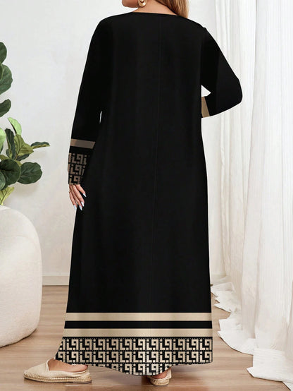 Plus-Size Women’s Ethnic Geometric Print Dress – Long Sleeve Round Neck Fashionable Maxi Dress