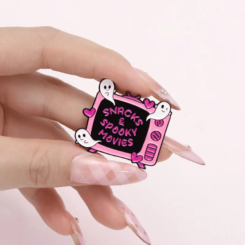 Pink Heart Brain Ghost Enamel Brooch – Gothic Retro Radio & TV Badge, Funny Punk Lapel Pin Jewelry Gift