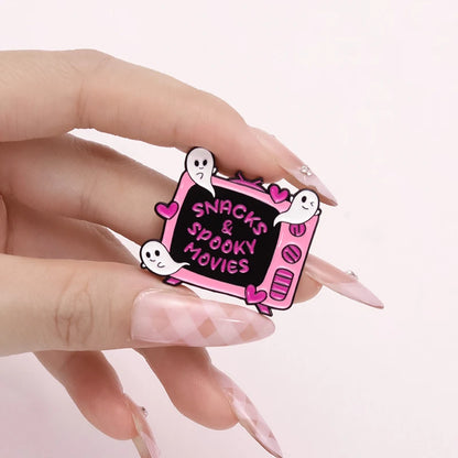 Pink Heart Brain Ghost Enamel Brooch – Gothic Retro Radio & TV Badge, Funny Punk Lapel Pin Jewelry Gift