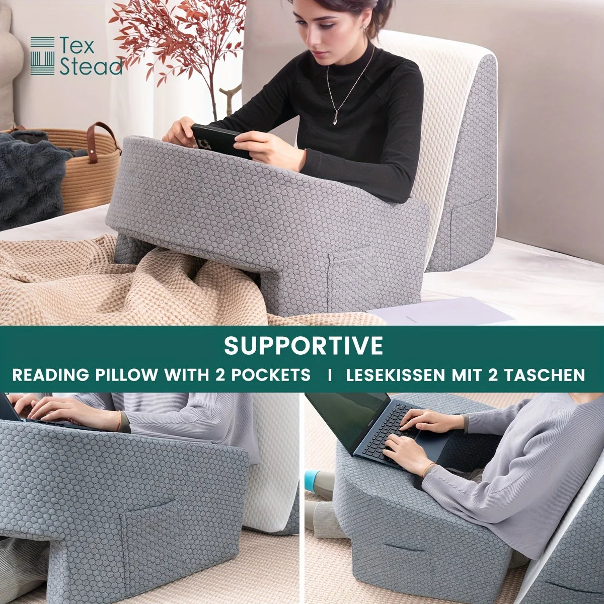 Soft Reading Pillow with Arm Rests - Lap Desk Cushion for Gaming, Working, Sitting on Floor or Sofa, with Washable Cover