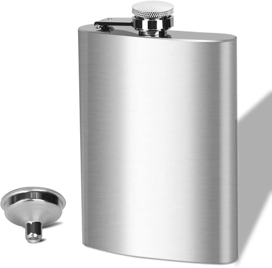 LMETJMA Stainless Steel Hip Flask with Funnel – 1-10oz Pocket Flask for Alcohol, Whiskey, Screw Cap (KC0139)