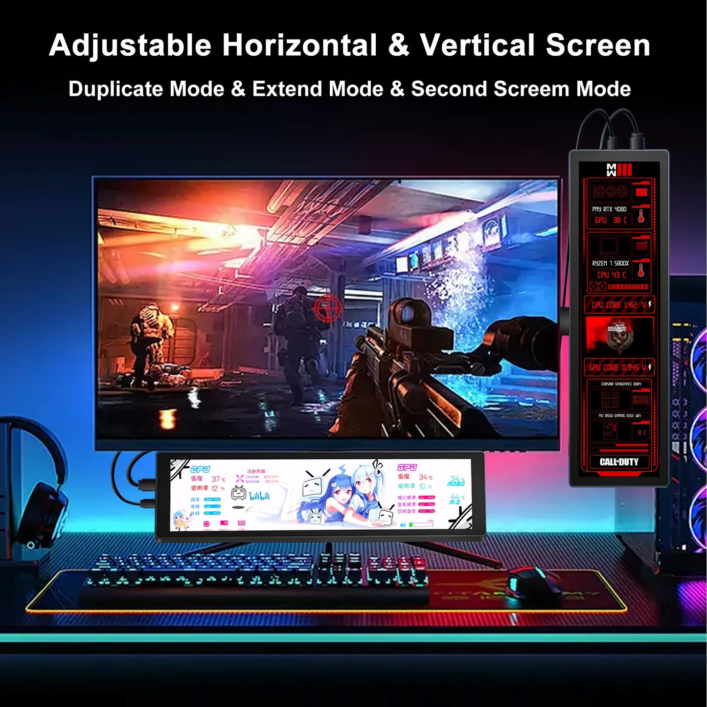 Portable Stretched Monitor - 1920x440 IPS LCD Display for Raspberry Pi, AIDA64 PC & Laptop Setup