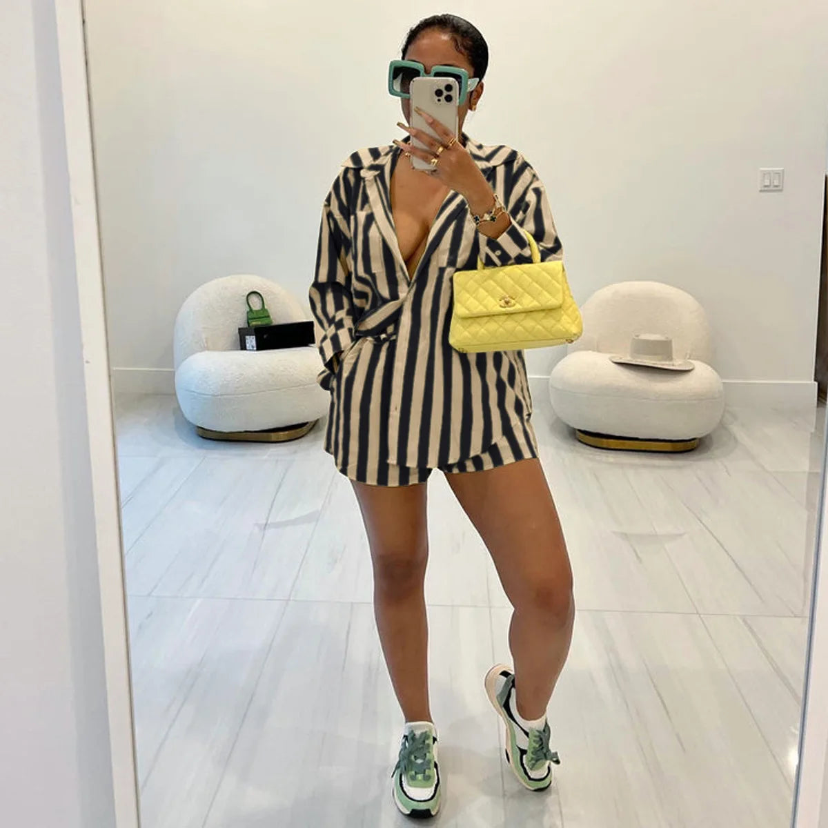 2025 Women’s Casual Striped Shorts & Long Sleeve Shirt Set – Spring Summer Office & Vacation Outfit