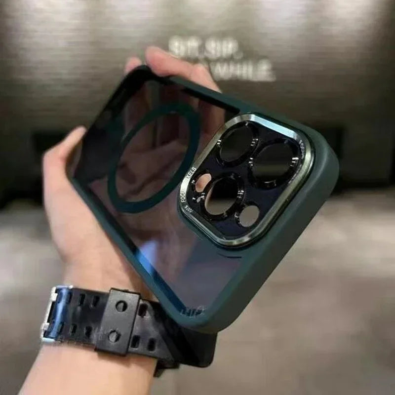 Luxury Magnetic Metal Lens Case – Hard Clear Protective Cover for iPhone 16, 15, 14, 13, 12, 11 Pro Max with Wireless Charging
