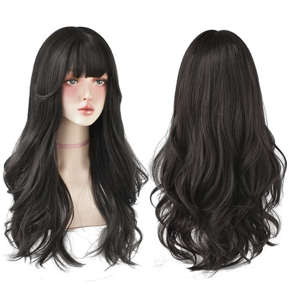 7JHH Brown Ash Long Deep Wave Lolita Wig for Women — Synthetic Hair with Bangs, Thick Curly Fashion Wig