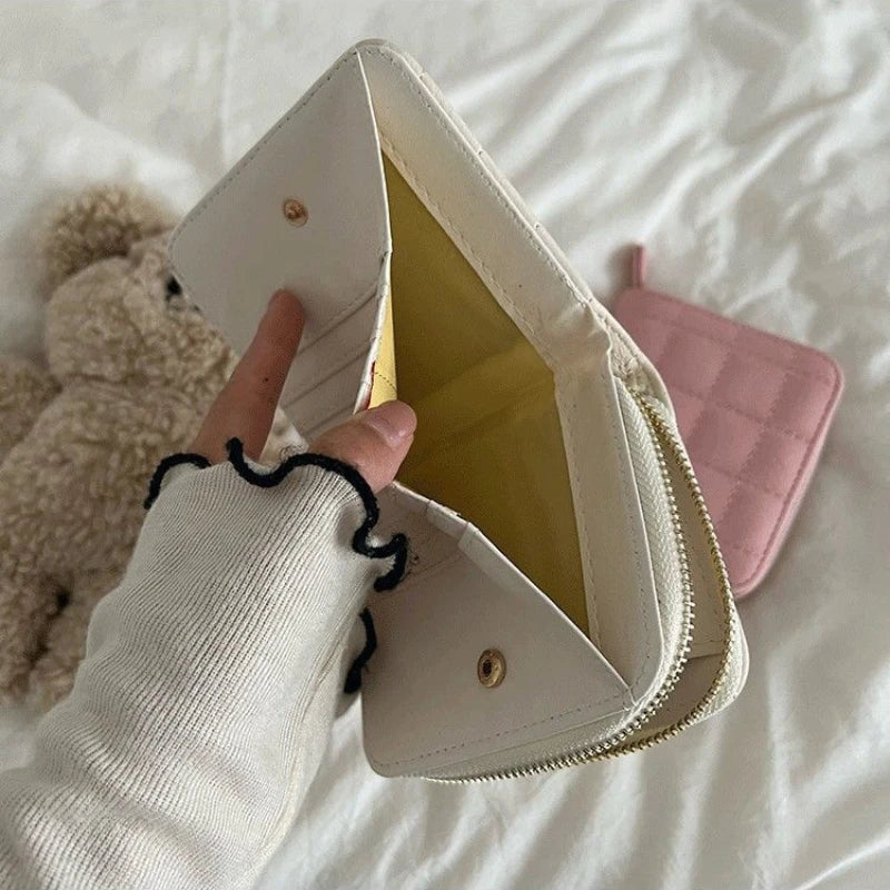 Women’s Small PU Leather Zipper Wallet with Coin Purse – Cute Plaid Mini Korean Card Holder, New Arrival