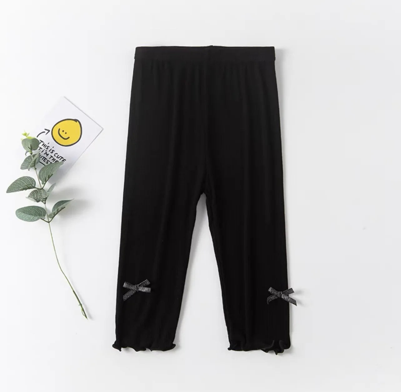 Girls Summer Bow Leggings - Solid Color Elastic Waist 7/8 Length Breathable Kids Pants 3-10Y