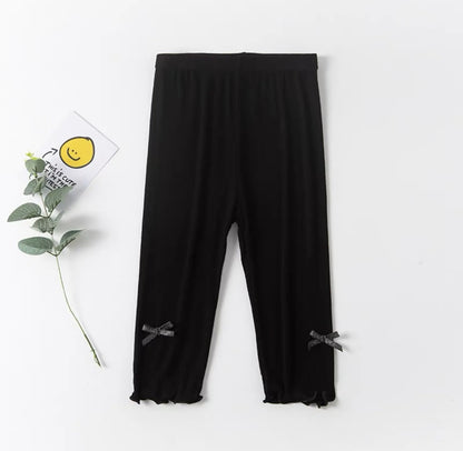 Girls Summer Bow Leggings - Solid Color Elastic Waist 7/8 Length Breathable Kids Pants 3-10Y