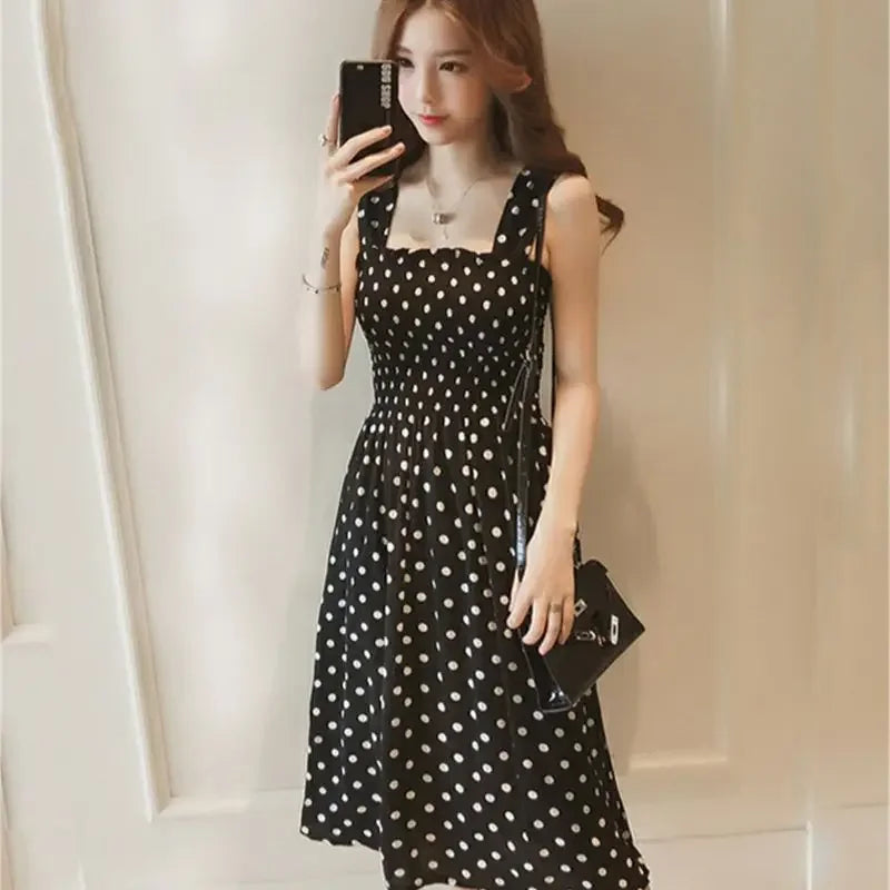 Women’s Summer Polka Dot Dress – Elegant Sleeveless Chiffon Long Dress with Square Neck, Casual & Discount Vestidos