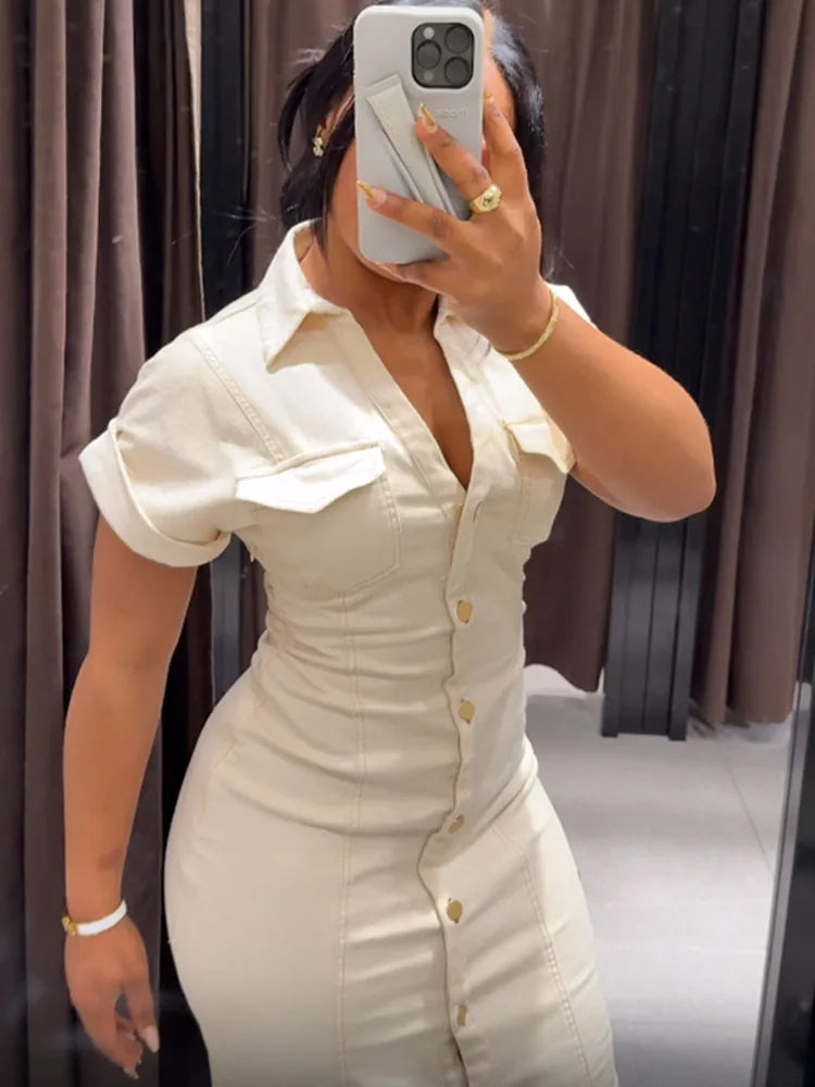 Women’s Chic White Denim Dress – Casual Lapel Long Slim Maxi, Single-Breasted Short Sleeve Summer Dress