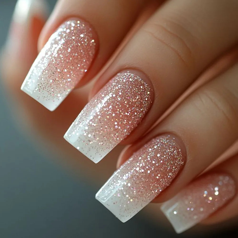 24pcs Blue Golden Stripe Press-On Nails Shiny Powder Long Square Full Cover False Nail Tips Wearable Love Design