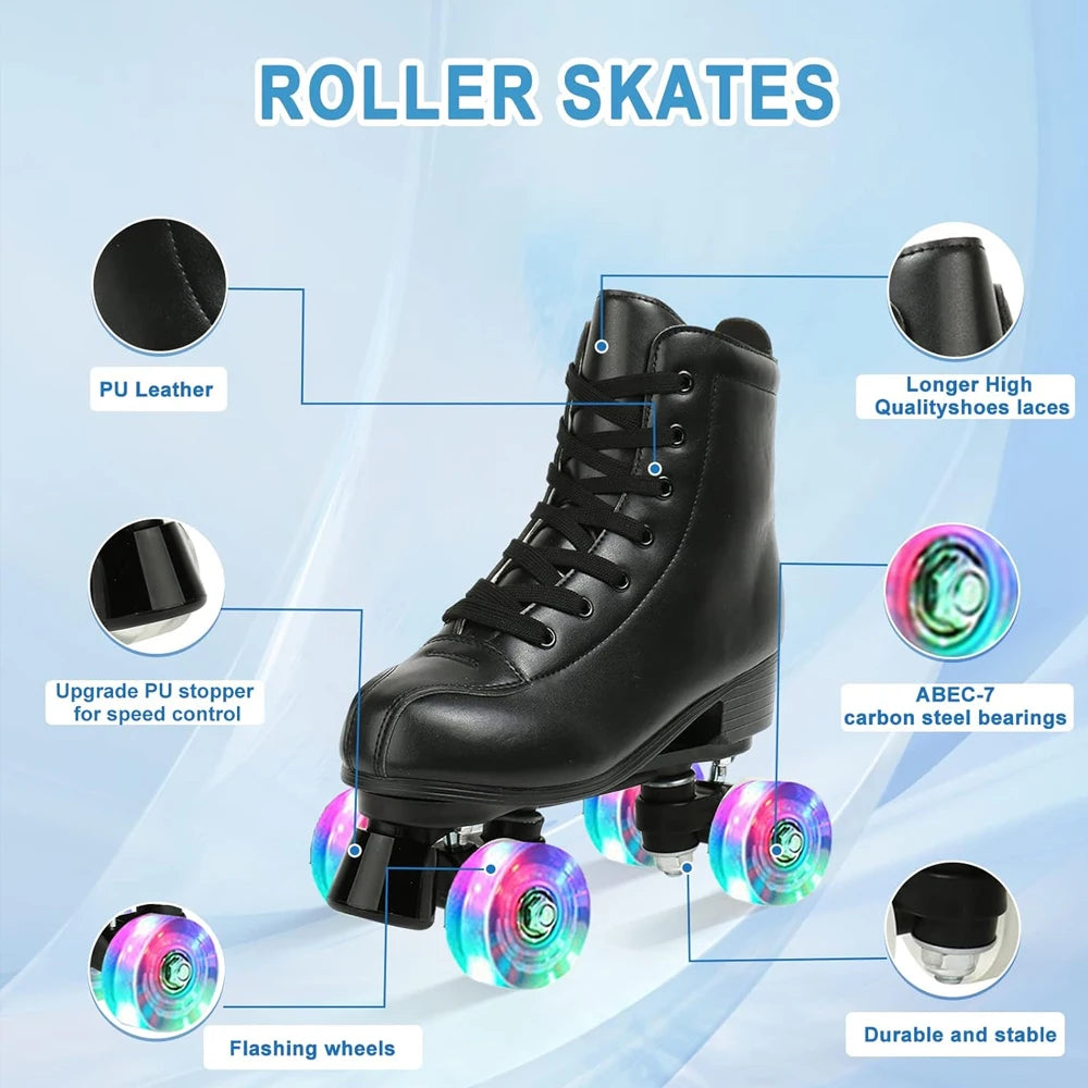 PU Leather Roller Skates – Inline & Quad Skating Shoes, Flashing 4-Wheel Sneakers, Europe Size, Training & Fun