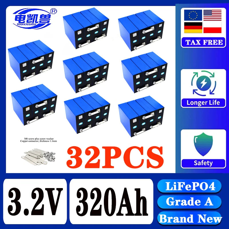 320Ah LiFePO4 3.2V Rechargeable Battery — 8000 Cycles for DIY 12V/24V/48V Caravan, Marine & Solar Energy Systems