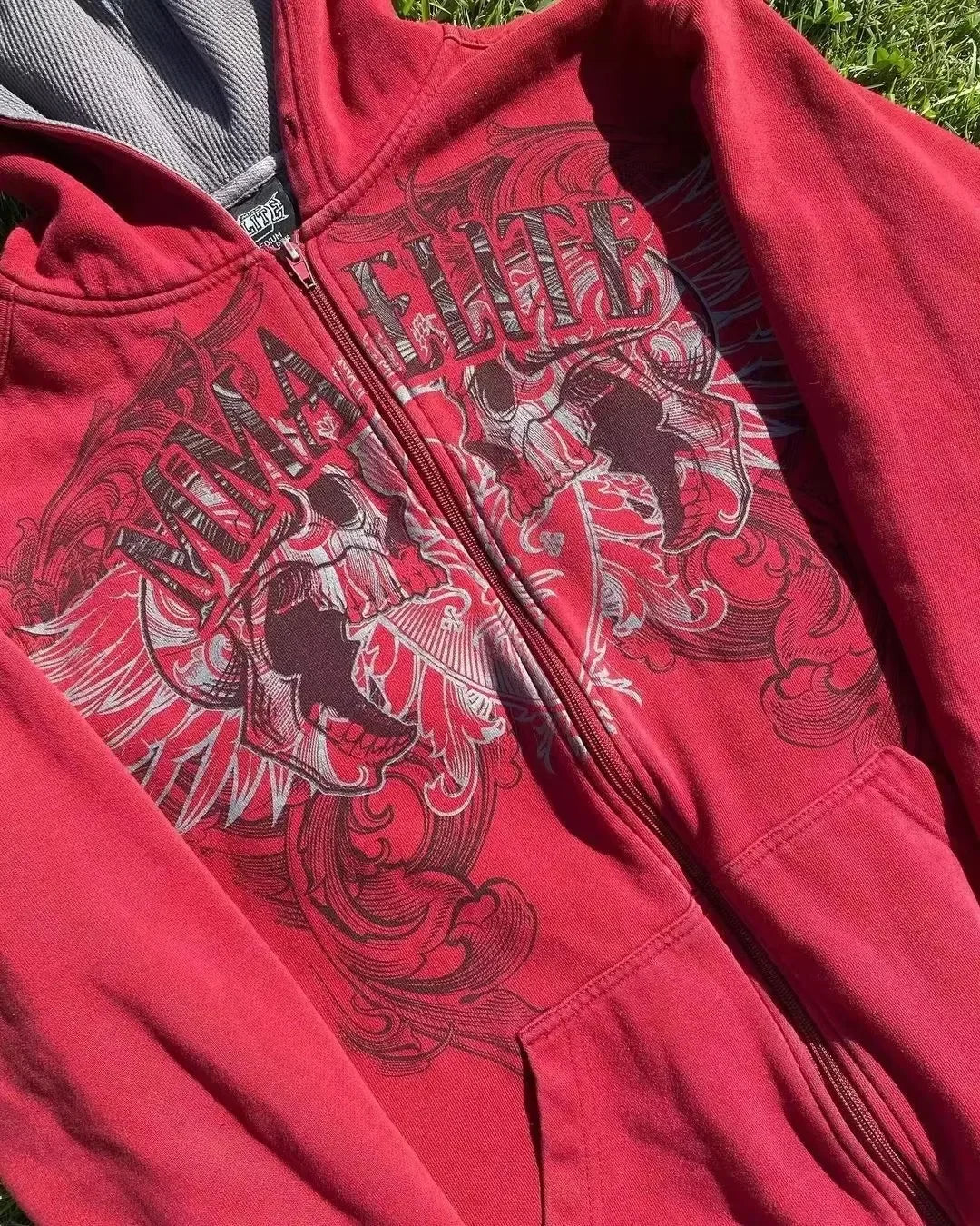 2000s Red Couple Zipper Hoodie – Vintage Y2K Skull Snake Cotton Full-Zip Sweatshirt