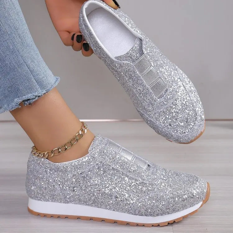 2024 Autumn Women’s Slip-On Low Heel Sneakers – Gold & Silver Casual Outdoor Walking Sport Shoes